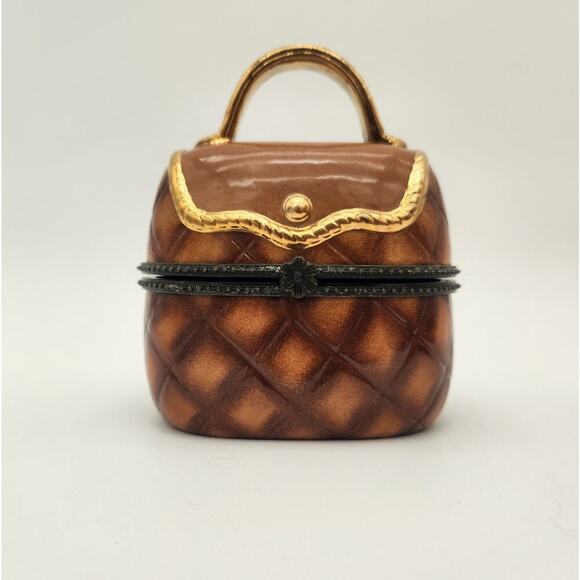 Large Ceramic & Metal Handbag Trinket Box Working Clasp‎ Brown Gold Trim Gift - Picture 1 of 7